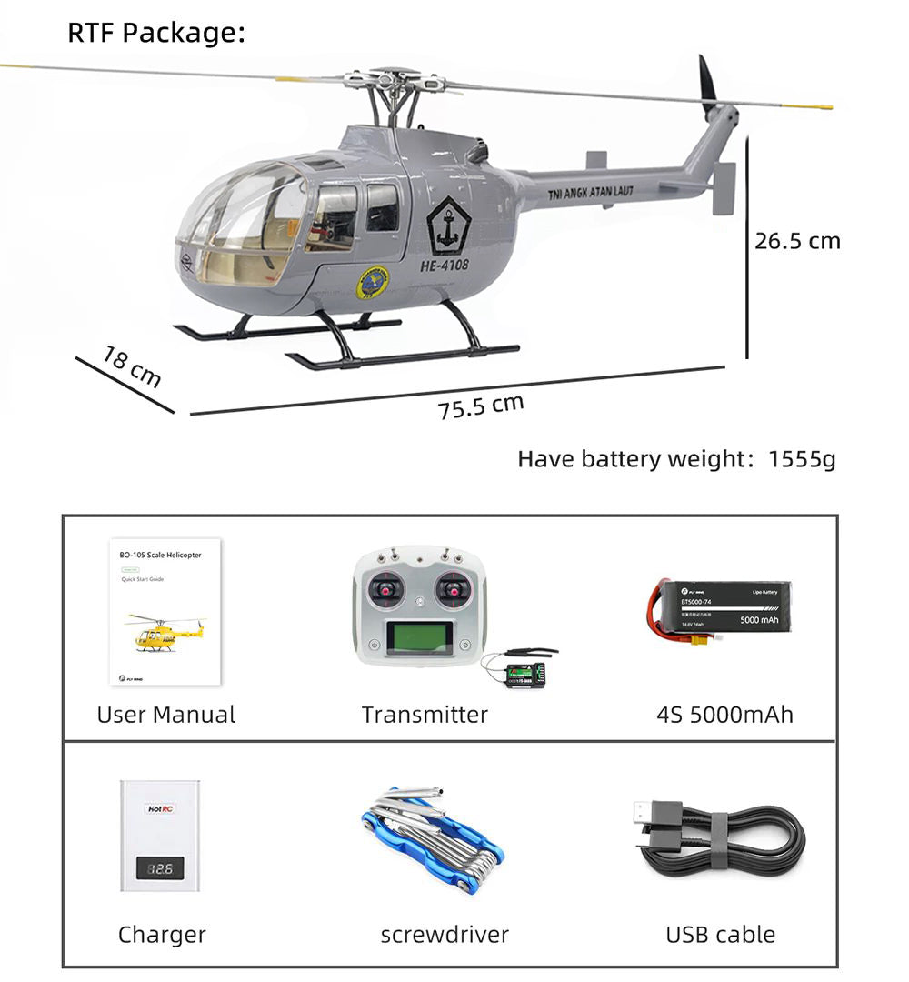 FLYWING BO-105 Universal RC Helicopter 450L Class 6CH Brushless GPS Stabilized Altitude Hold RC Helicopter H1 Flight Controller