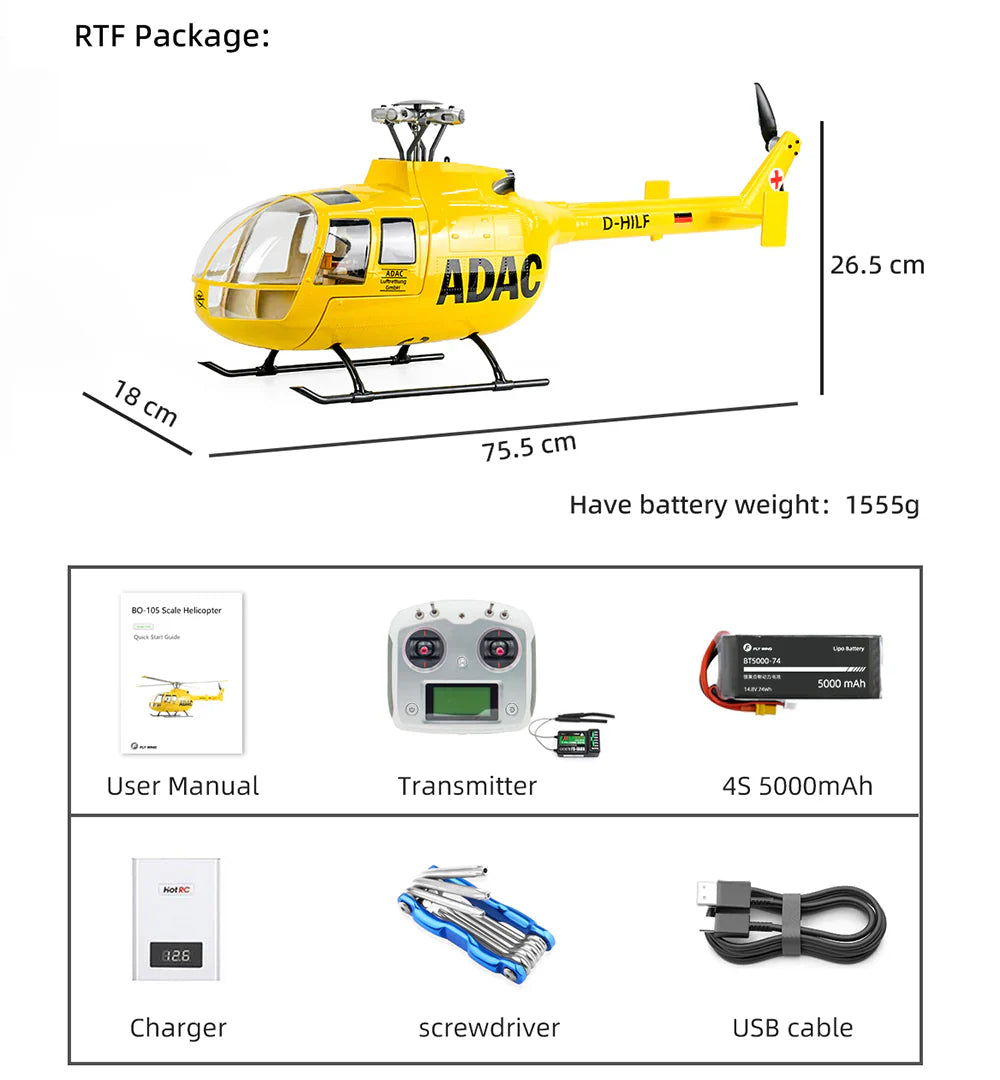 FLYWING BO-105 Universal RC Helicopter 450L Class 6CH Brushless GPS Stabilized Altitude Hold RC Helicopter H1 Flight Controller