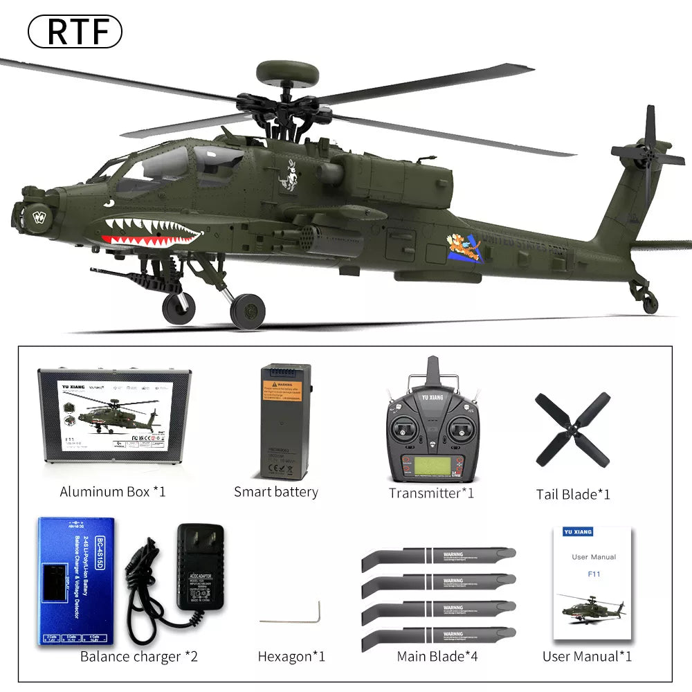 YUXIANG Apache Helicopter AH-64D F11 FUTABA S-FHSS Protocol 2.4G 6-Channel Brushless 3D Stunt 1:32 Scale Flybarless Simulation Helicopter