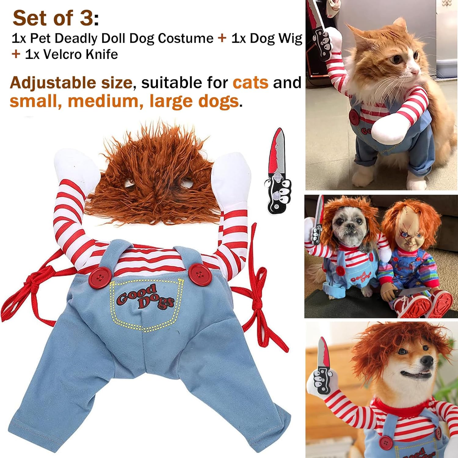 Deadly Doll Dog Costume | Funny Halloween Pet Cosplay Clothes for Dogs & Cats